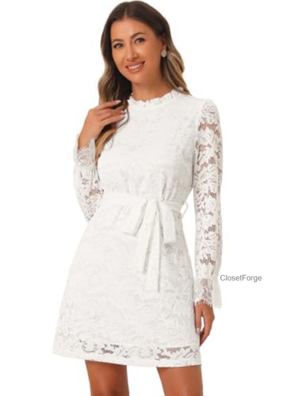 Elegant Floral Lace Shift Dress with Ruffled Crew Neck and Bracelet Sleeves